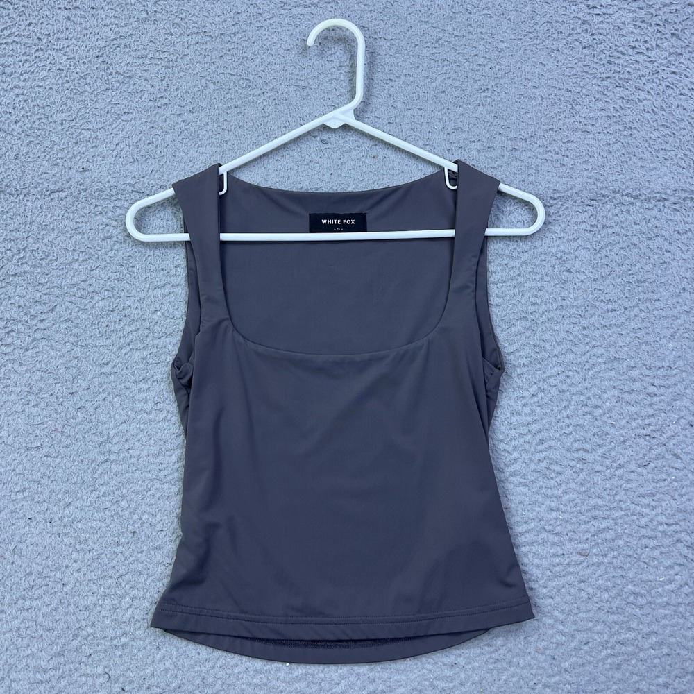 White Fox Fell in Love Top Charcoal Small Square Neck Lined Stretch Nylon Tank